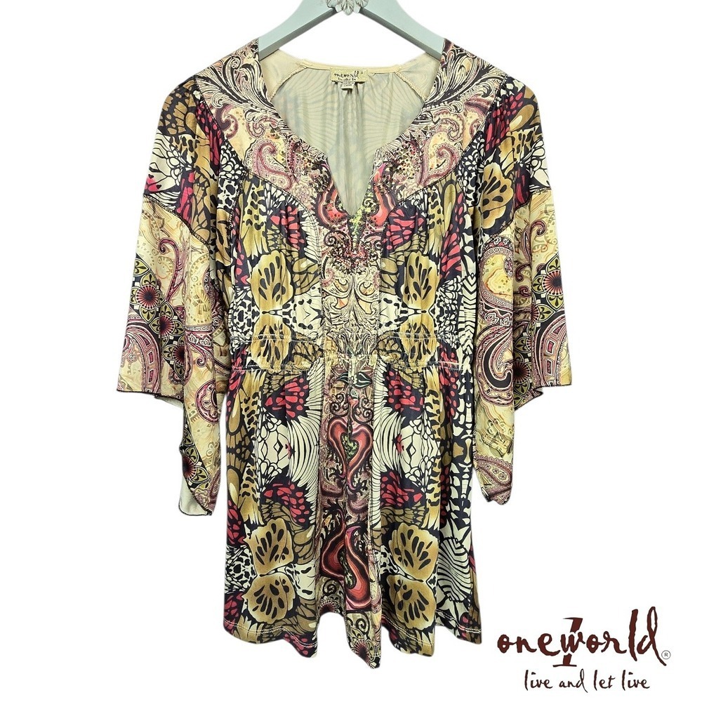 One World boho-style blouse featuring Embellishments Flutter Sleeves Size Small